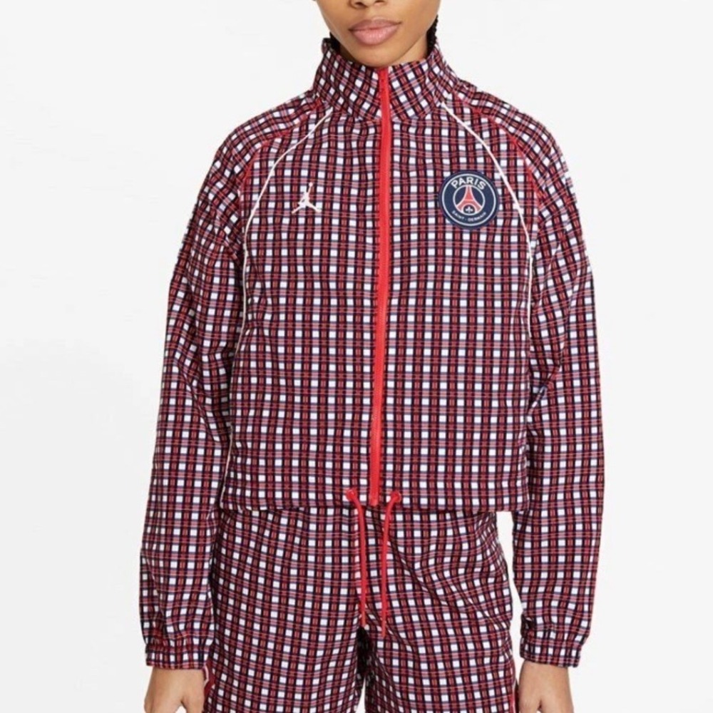 Nike Jordan x PSG Paris Saint-Germain Women Woven Jacket Red Plaid DC0447-657 XS